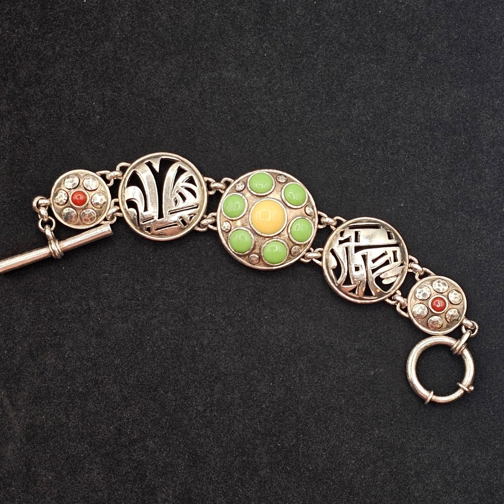 Silver Tone Toggle Link Bracelet Cabochon Cutout Southwest Statement Geometric